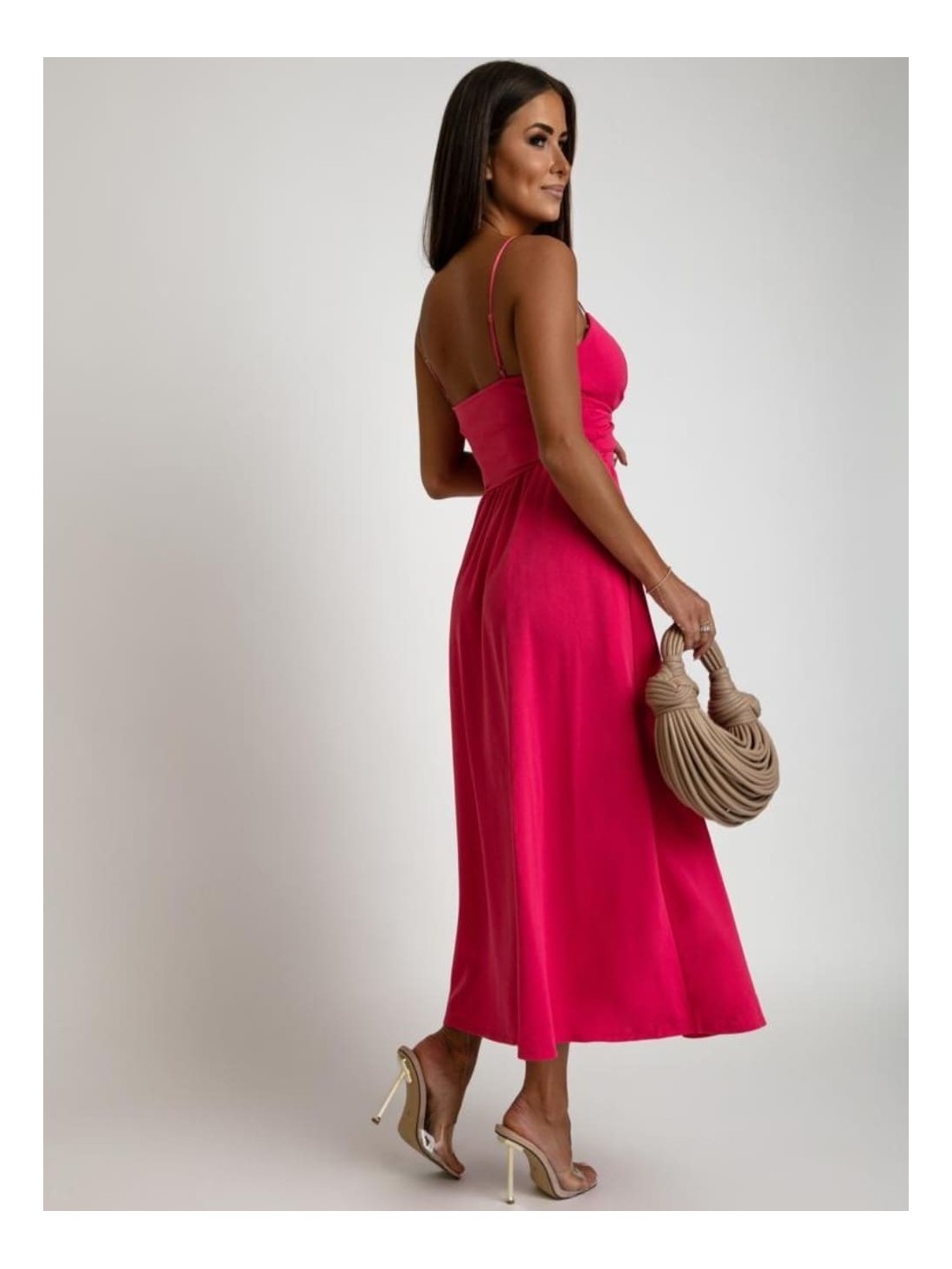 Summer midi dress with straps, dark pink AZR010481